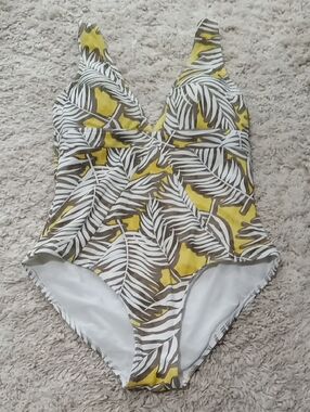Sea Level Yellow Olive Green & White Deep V Plunge 1 Piece Swimsuit Size 8 NWOT